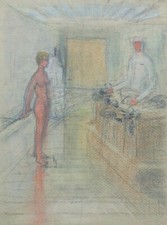 Original Vintage Drawing Pastel Thermal Bath Thermal Shower Bare Jet Female