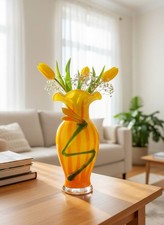 Canary Yellow and Bright Orange Handmade Blown Glass Vase, 24cm Murano