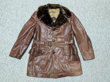 vintage CORTEFIEL lambskin BELTED leather 44 overcoat MOUTON fur collar NORFOLK