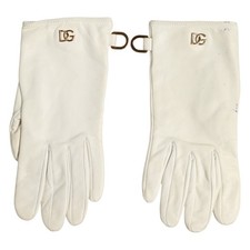 DOLCE & GABBANA Gloves White Leather DG Logo Wrist Length Mitten 7.5 / M 500usd