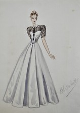 Atelier VIONNET - original drawing - pencil - white dress and black lace 258