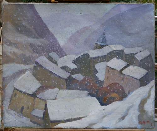 Neige sur village signé - neige,