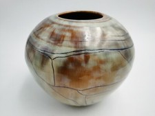 OLD SANDSTONE BALL VASE CRACKLED decor signature under base to identify?