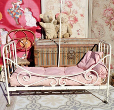 OLD ANTIQUE WROUGHT IRON DOLL BED PAINTED WHITE 19th century