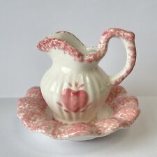 Mini Water Pitcher Wash Basin Set Pink Heart Spongeware 3” Small Decor