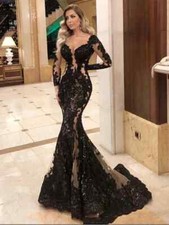 Luxury Long Sleeves VNeck Black Wedding Dress Party Night Robe De Soiree Elegant