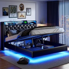 Lit capitonné, 160 x 200 cm, lit double avec espace de rangement tête de lit LED