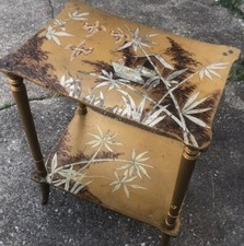 Antique Chinoiserie Wood Table Chinese 2 Tier Bamboo & Birds