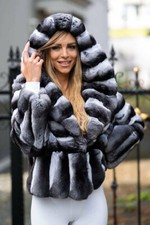 2025 Women Real Chinchilla Rex Rabbit Fur Coat Hooded Warm Thick Jacket Overcoat