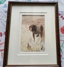 Aquarelle Scene De Chasse Chien A L’arrêt Bécasse 