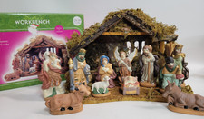 Santa's Workbench 12 piece Porcelain Nativity Set with Wooden Creche Stable Box