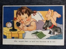 ILLUSTRATED CP SIGNED GOUGEON LITTLE GIRL ON PHONE DOG BED - 66850