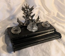 Encrier ancien triple, décor Ancre Marine, Nautique, Naval, Bois Verre Et Régule