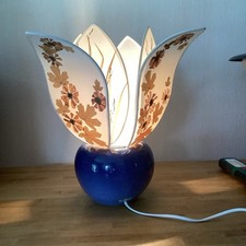 Lampe Peux Boule Céramique Bleu Abat Jour 8 Pétales Fleurs Séchées C. Dumaire