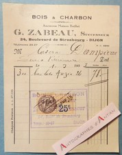 ● G ZABEAU Dijon invoice 1933 barracks Dampierre veterinary service charcoal wood