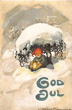 Postcard fantasy winter landscape snow with an elf or garden dwarf