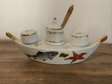 Serviteur Sel Poivre Moutarde Poisson  Porcelaine Luxe France Souvenir Dieppe