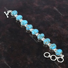 Natural Copper Blue Turquoise Chain Adjustable Bracelet 925 Silver For Women