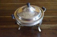 ANTIQUE VINTAGE Covered Chafing Dish Footed Buffet Lid Burner Large Art Deco