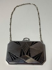 Vintage 1920s EAM Art Deco Enameled Dance Compact Wrist Chain Mirror, Has Blush