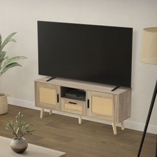 Commode TV 120 cm armoire de télévision en rotin effect chêne pieds bois massif