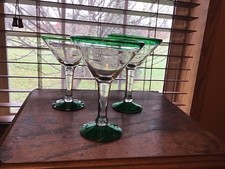 3 Hand Blown Green Rim & Base Margarita Cocktail Cosmo Martini Glasses