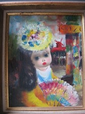 PONCINI Big Eyes Painting Oil On Canvas Naive Moulin Rouge Paris Doll - SUZE