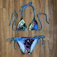 ED HARDY Vintage Y2K Rare Blue Love Life Rose String Triangle Edgy Bikini Set