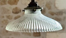 Vintage Holophane style glass ceiling coolie light shade prismatic + fittings