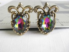 SCHIAPARELLI vintage WATERMELON Rhinestone Multicolor CROWN TOP Clip on EARRINGS