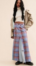 Free People Tricia Fix Plaid Denim Maxi Skirt Fray Reworked Wine Blue L NEW