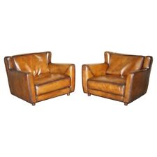 PAIR OF RESTORED BAXTER BERGER HAND DYED CIGAR BROWN LEATHER LOVE SEAT ARMCHAIRS