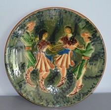 Antique Ceramic Wall Plate Signed Puigdemont Enameled Dancers Pattern