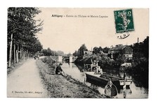 Old postcard 08 Attigny 1911. Entrance to the Lock and Maison Lapoize. Barge, pusher? Can