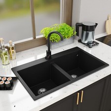 Évier de Granit Double Evier Cuisine Encastré Syphon Elle 2.0 Noir M