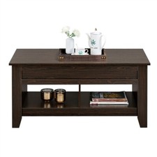 Table de Basse Relevable Table de Salon Moderne 2 Compartiement Blanc/Brun Foncé