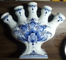 Vintage Delft 5 Hole Tulip Vase Blue White Hand Painted Porcelain 