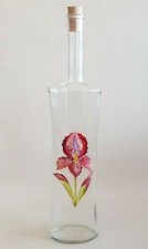 Gorgeous Signed 0.5L Iris Orchid Floral Decor Painted Glass Carafe Bottle
