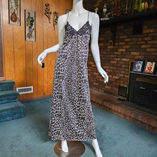 Vtg 70s Disco Leopard Print Vanity Fair Plunge Gown Maxi Backless Nightgown M/L