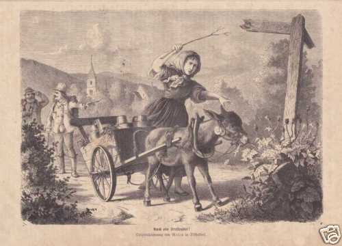 Fille avec chariot âne - chariot, À