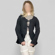 Veste à volants bohème en lin noir Lagenlook pour femme Ewa i Walla - taille XS
