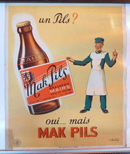 Ancienne affiche publicitaire belge bière Mak Pils Brasserie Maire