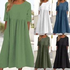 Robe Mi-Longue Plissée À Manches Courtes Pour Femmes Décontractée Baggy Unie /