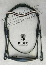 Bride de cheval en cuir de dressage avec bandeau nez en or rose, toutes tailles.