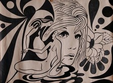 Beautiful felt drawing of women, psychedelic art, 1970s. erotic. 