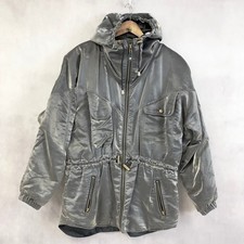 Nils Womens Ski Jacket Size 16 Silver Shiny Metallic Hooded 80s Apres Ski VTG