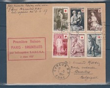 ( enveloppe 1ere liaison Sabena par hélicoptère Paris Bruxelles 1957 croix rouge