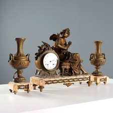 Triptyque de Cheminée Ancien Marbre Antimoine Doré XIXe Siècle Original