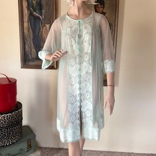 Vintage 1950s Mint Green Nylon Chiffon Pin-up Peignoir Robe M/L