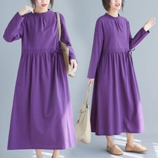 Femmes Violet Lin Coton Cravate Robe Taille Desseré Long Tunique Manche Poche